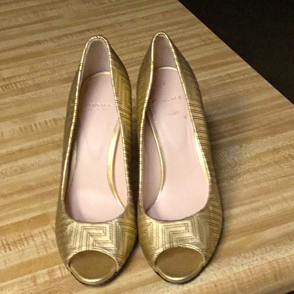 Versace Gold Peep-Toe Leather Heels